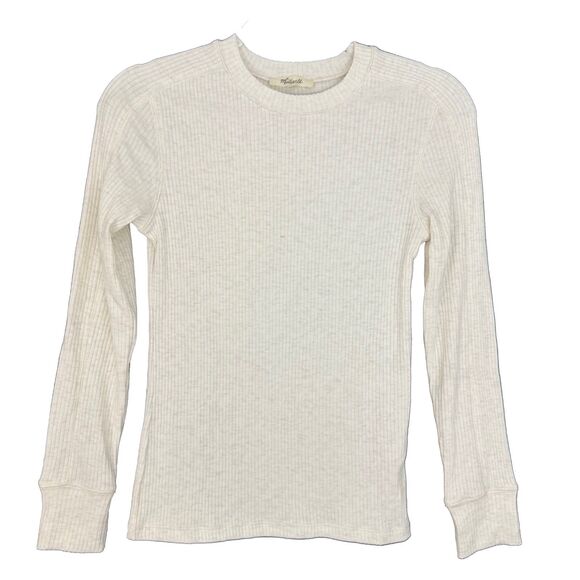 MADEWELL Ribbed Crewneck Long-Sleeve Tee S Heather Cream Top Slim Fit B22 - Picture 2 of 5